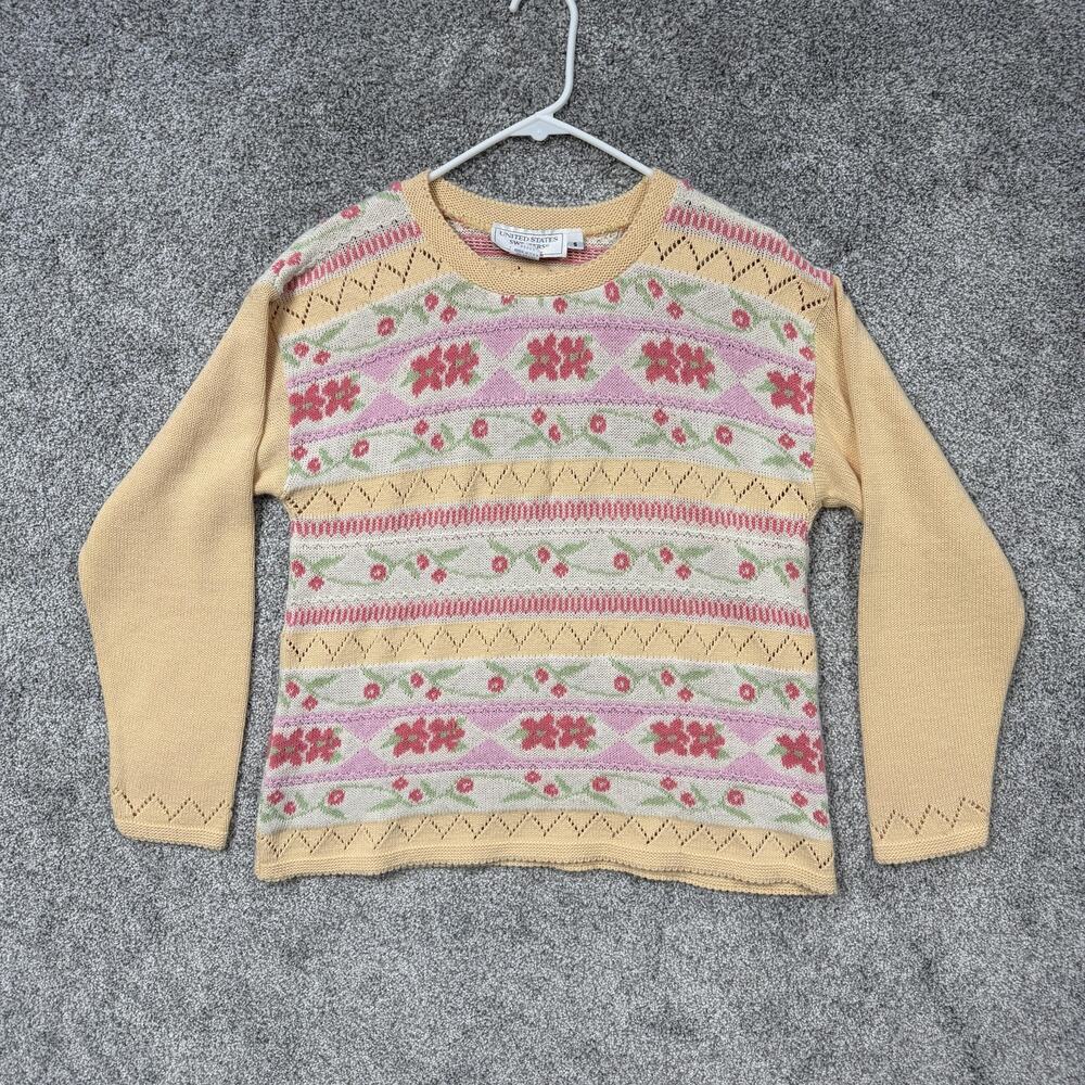 Vintage 90s United States Sweaters Womens S Floral Pastel Knit Coquette Pullover